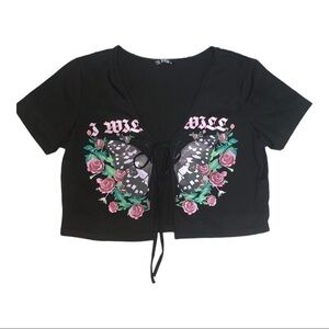 SHEIN Butterfly Flower Front Tie Crop Top